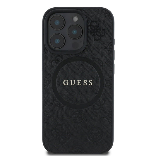 MagSafe hoesje voor Apple iPhone 16 Pro, Guess, Saffiano Peony Classic Logo, Zwart