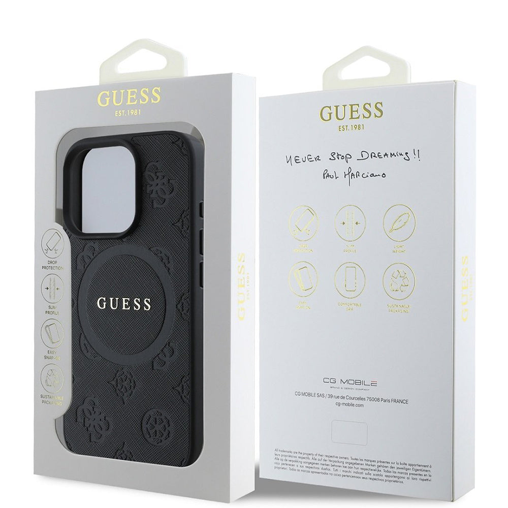 MagSafe hoesje voor Apple iPhone 16 Pro, Guess, Saffiano Peony Classic Logo, Zwart