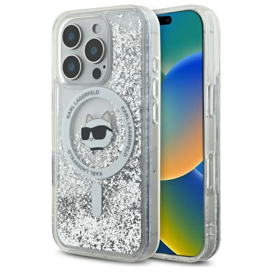 MagSafe hoes voor Apple iPhone 16 Pro, Karl Lagerfeld, Liquid Glitter Choupette's Head, Transparant