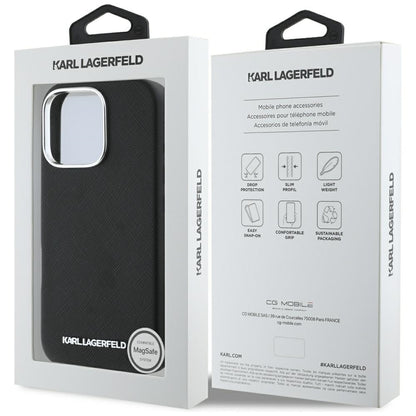 MagSafe Case for Apple iPhone 16 Pro, Karl Lagerfeld, Saffiano Full Wrapped Elongated Metal Logo, Black