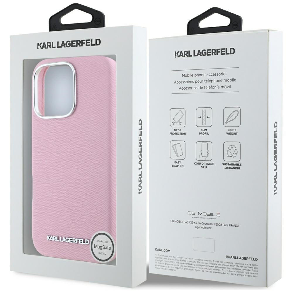 MagSafe hoesje voor Apple iPhone 16 Pro, Karl Lagerfeld, Saffiano Volledig Omhuld Verlengd Metalen Logo, Roze