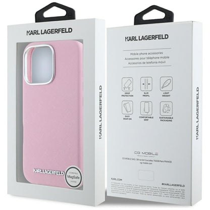 MagSafe hoesje voor Apple iPhone 16 Pro, Karl Lagerfeld, Saffiano Volledig Omhuld Verlengd Metalen Logo, Roze