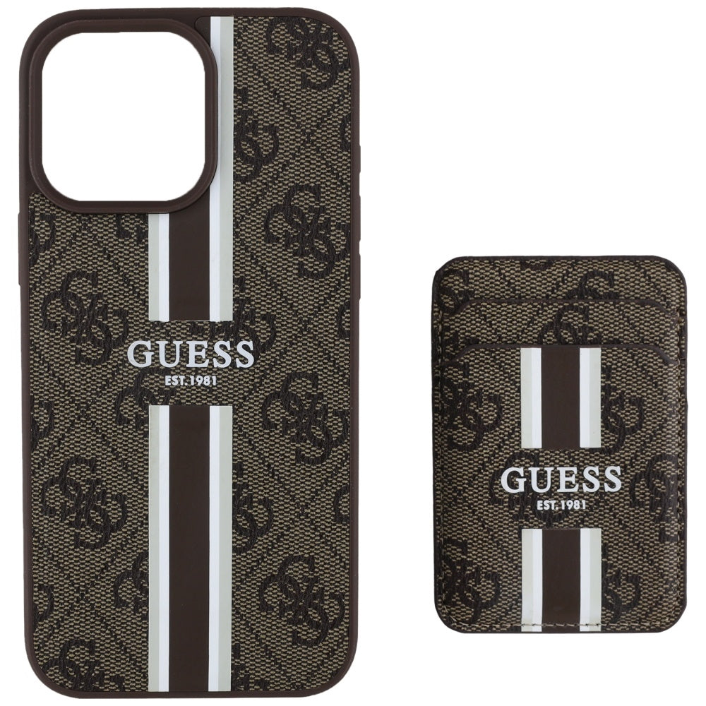 MagSafe hoesje voor Apple iPhone 16 Pro Max, Guess, Cardslot 4G Stripes, Bruin