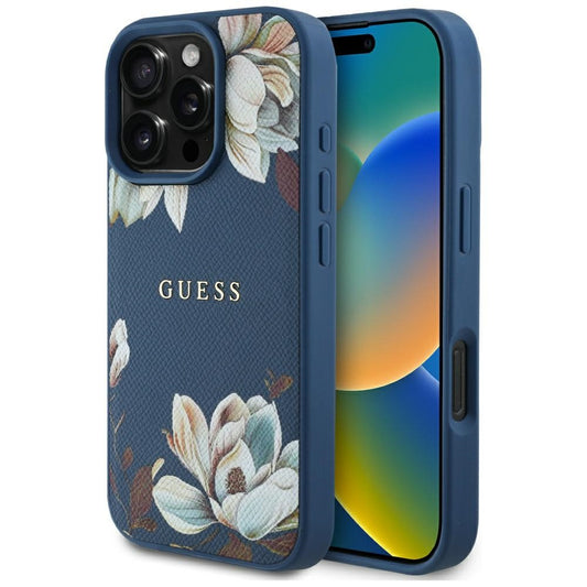 MagSafe hoes voor Apple iPhone 16 Pro Max, Guess, Grained Flowers, Blauw