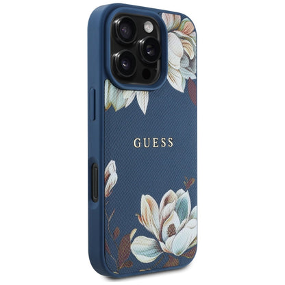 MagSafe Case for Apple iPhone 16 Pro Max, Guess, Grained Flowers, Blue