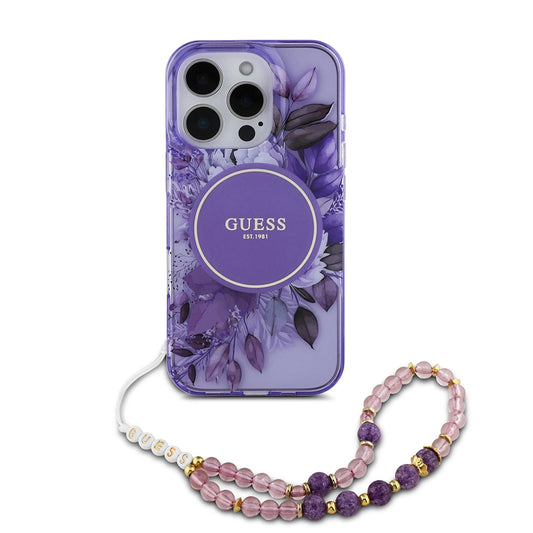 MagSafe hoesje voor Apple iPhone 16 Pro Max, Guess, IML Flowers met Parelband, Paars