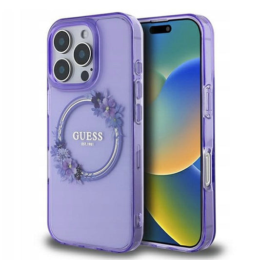 MagSafe hoesje voor Apple iPhone 16 Pro Max, Guess, IML Flowers Wreath, Paars