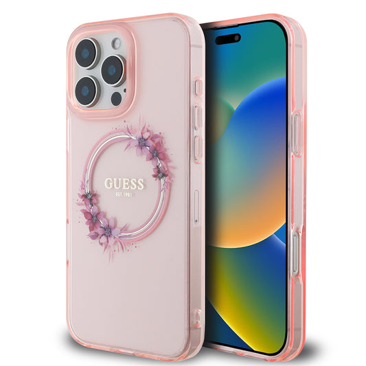 MagSafe hoesje voor Apple iPhone 16 Pro Max, Guess, IML Flowers Wreath, Roze