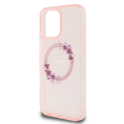 MagSafe Case for Apple iPhone 16 Pro Max, Guess, IML Flowers Wreath, Pink
