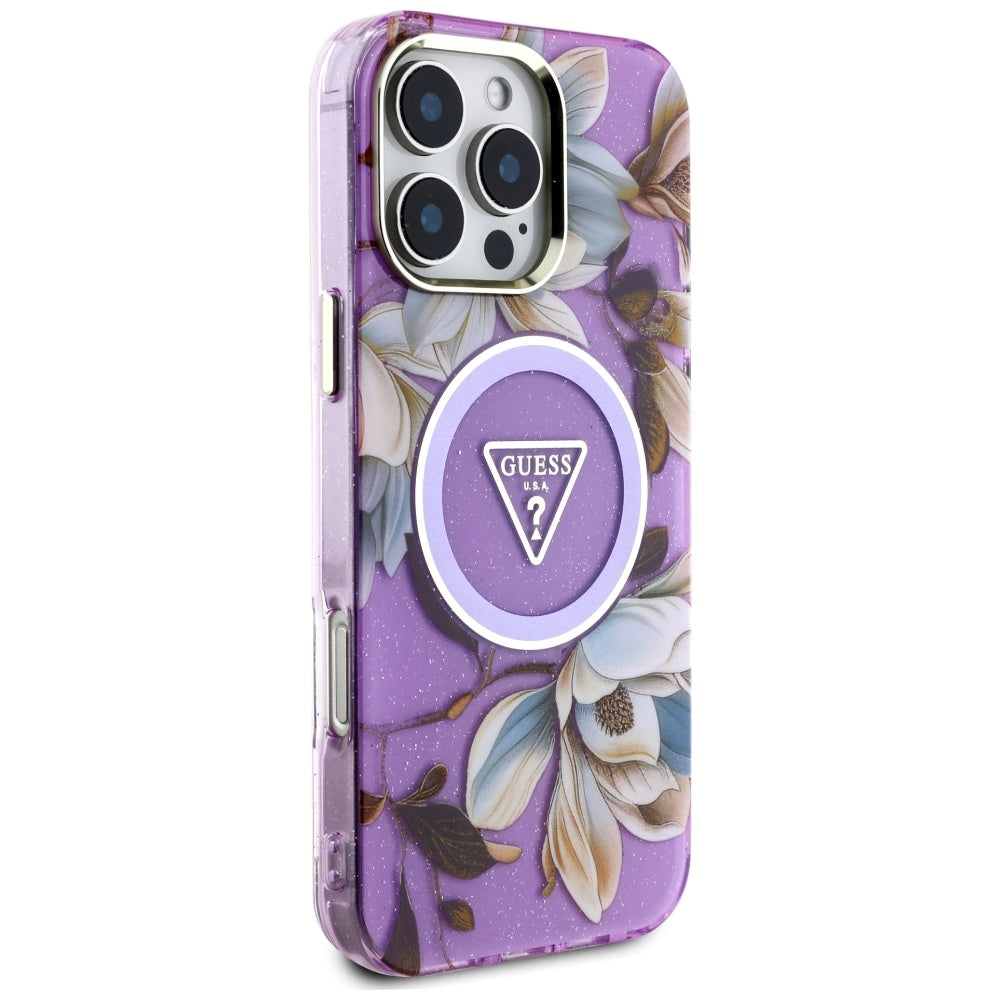 MagSafe hoesje voor Apple iPhone 16 Pro Max, Guess, IML Metal Glitter Flowers Triangle, Paars