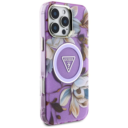 MagSafe hoesje voor Apple iPhone 16 Pro Max, Guess, IML Metal Glitter Flowers Triangle, Paars