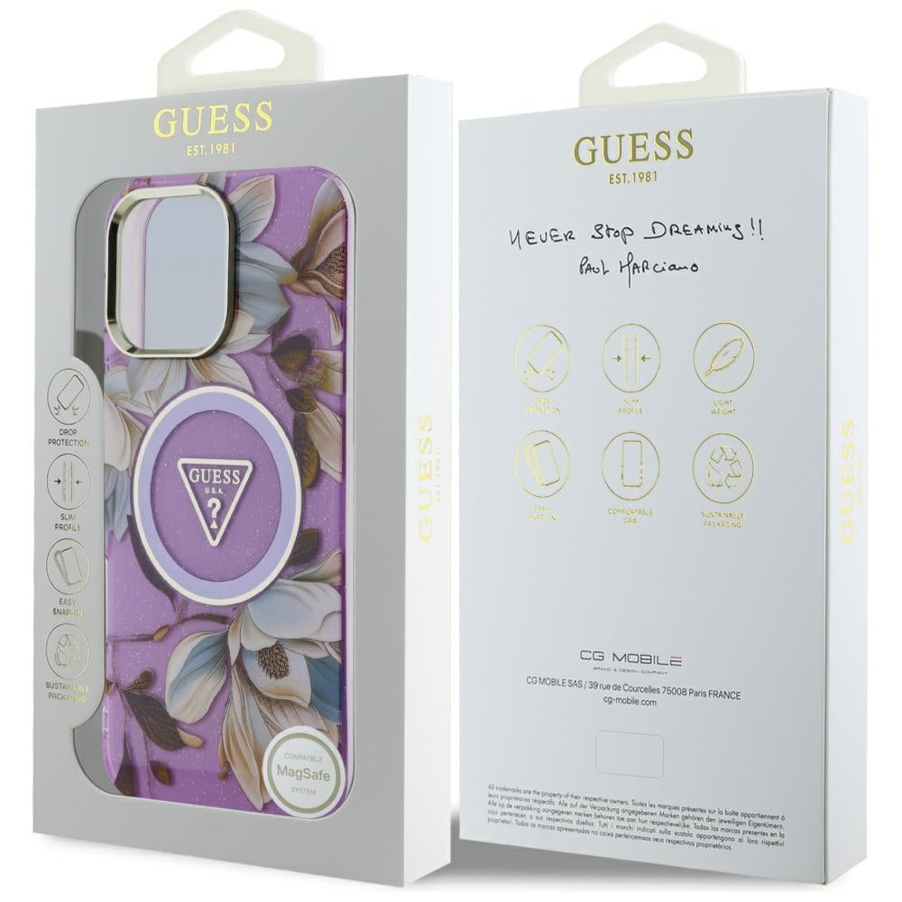 MagSafe hoesje voor Apple iPhone 16 Pro Max, Guess, IML Metal Glitter Flowers Triangle, Paars