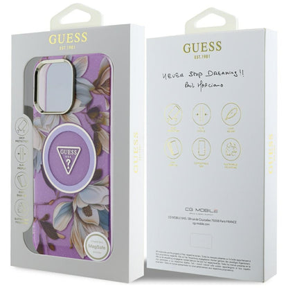 MagSafe hoesje voor Apple iPhone 16 Pro Max, Guess, IML Metal Glitter Flowers Triangle, Paars