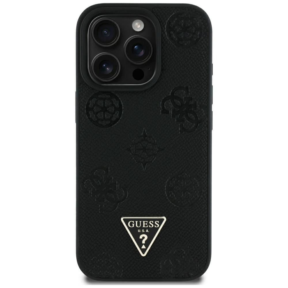 MagSafe hoesje voor Apple iPhone 16 Pro Max, Guess, Peony Grained Hot Stamp Triangle, Zwart