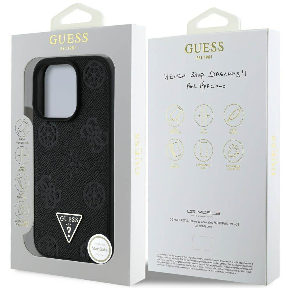 MagSafe hoesje voor Apple iPhone 16 Pro Max, Guess, Peony Grained Hot Stamp Triangle, Zwart