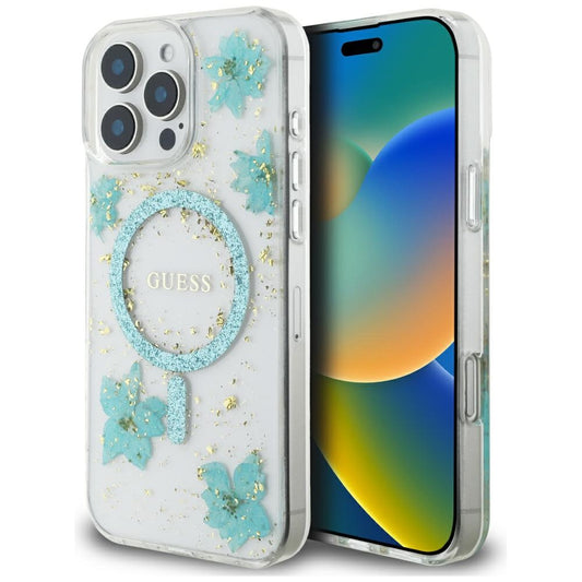 MagSafe hoesje voor Apple iPhone 16 Pro Max, Guess, Resin Flowers and Glitter, Turquoise