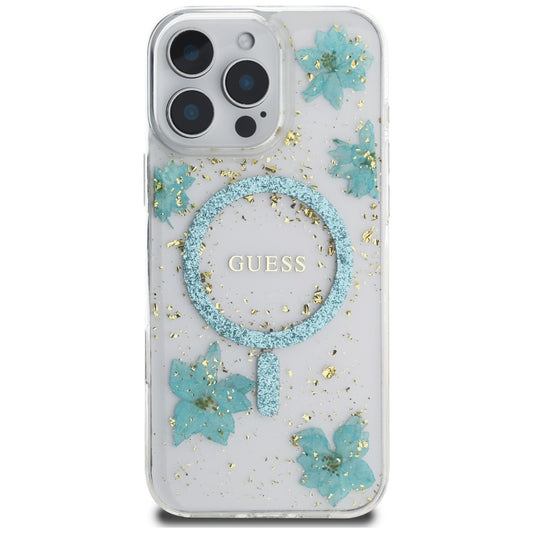 MagSafe hoesje voor Apple iPhone 16 Pro Max, Guess, Resin Flowers and Glitter, Turquoise