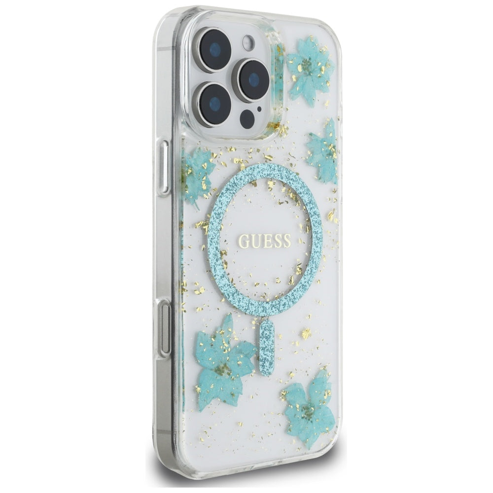 MagSafe Case for Apple iPhone 16 Pro Max, Guess, Resin Flowers and Glitter, Turquoise