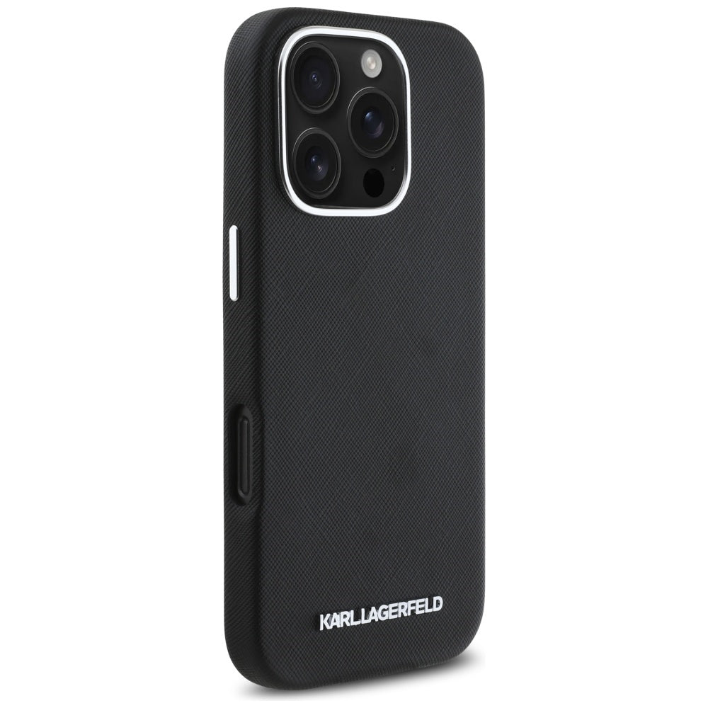 MagSafe Case for Apple iPhone 16 Pro Max, Karl Lagerfeld, Saffiano Full Wrapped Elongated Metal Logo, Black