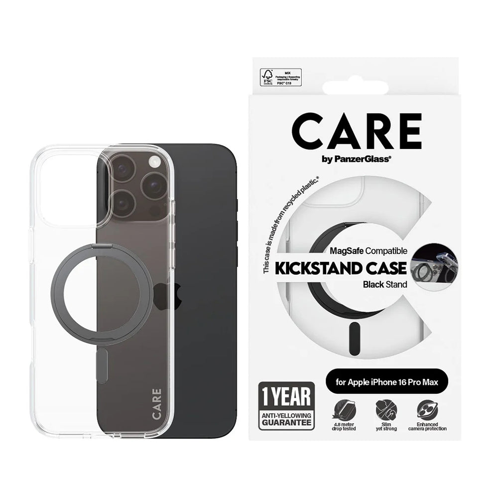 MagSafe hoesje voor Apple iPhone 16 Pro Max, PanzerGlass, Care Feature Kickstand, Transparant Zwart