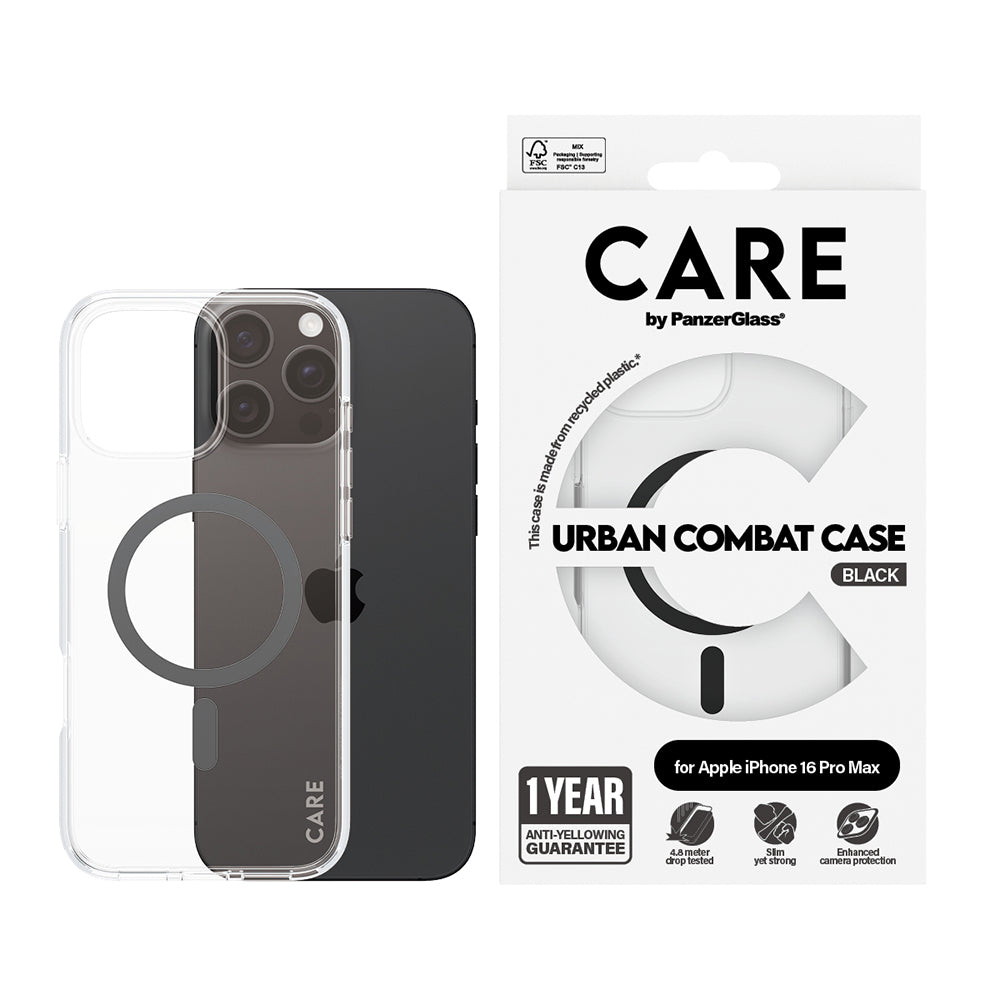 MagSafe hoesje voor Apple iPhone 16 Pro Max, PanzerGlass, Care Urban Combat, Zwart Transparant
