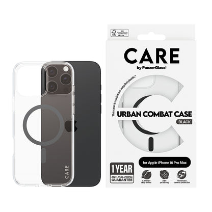 MagSafe hoesje voor Apple iPhone 16 Pro Max, PanzerGlass, Care Urban Combat, Zwart Transparant