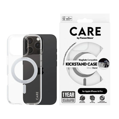 MagSafe hoesje voor Apple iPhone 16 Pro, PanzerGlass, Care Feature Kickstand, Zilver Transparant