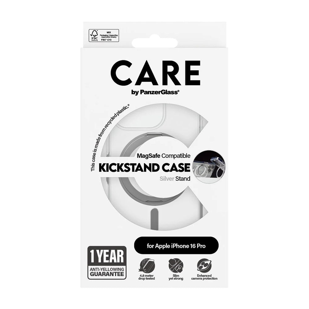 MagSafe hoesje voor Apple iPhone 16 Pro, PanzerGlass, Care Feature Kickstand, Zilver Transparant