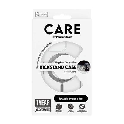 MagSafe hoesje voor Apple iPhone 16 Pro, PanzerGlass, Care Feature Kickstand, Zilver Transparant