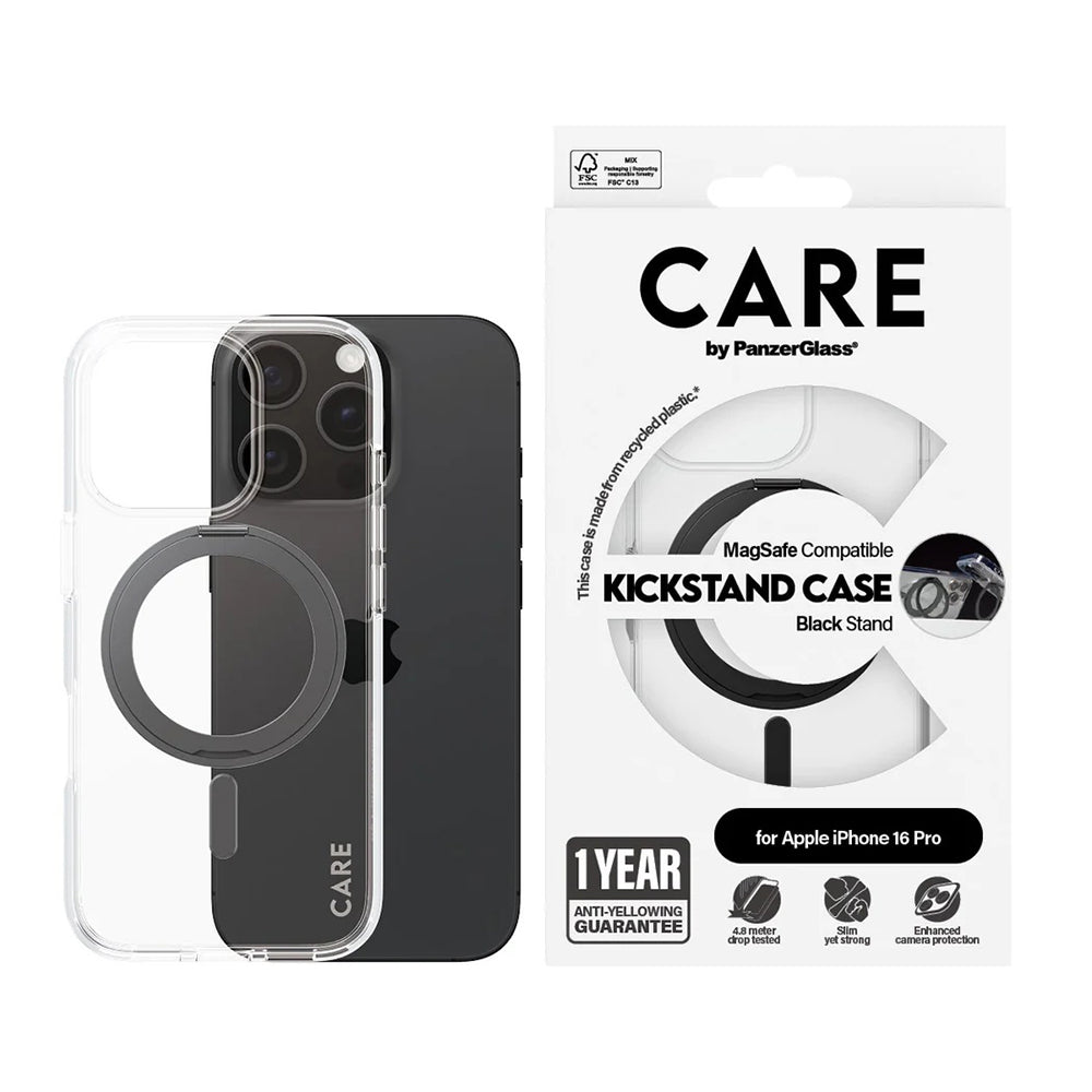 MagSafe hoesje voor Apple iPhone 16 Pro, PanzerGlass, Care Feature Kickstand, Transparant Zwart