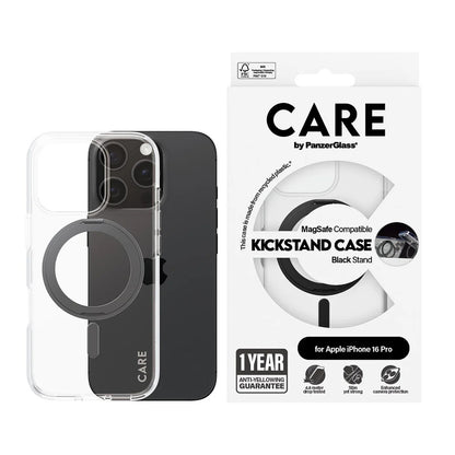MagSafe hoesje voor Apple iPhone 16 Pro, PanzerGlass, Care Feature Kickstand, Transparant Zwart