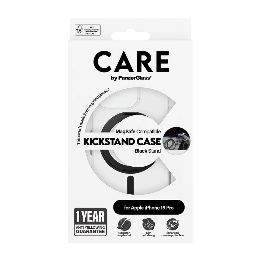 MagSafe hoesje voor Apple iPhone 16 Pro, PanzerGlass, Care Feature Kickstand, Transparant Zwart