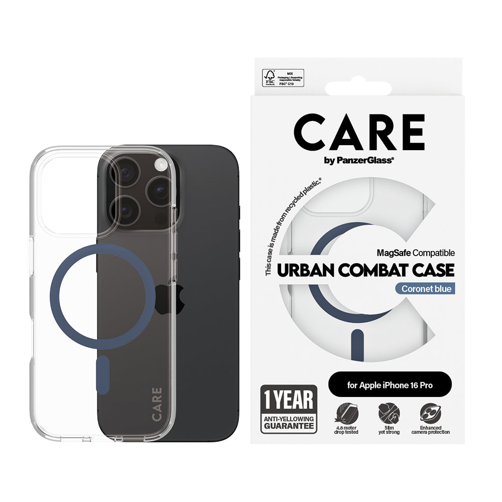 MagSafe hoesje voor Apple iPhone 16 Pro, PanzerGlass, Care Urban Combat, Transparant Blauw