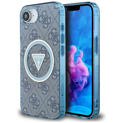MagSafe hoesje voor Apple iPhone 16e, Guess, IML Glitter 4G Circle Triangle, Blauw