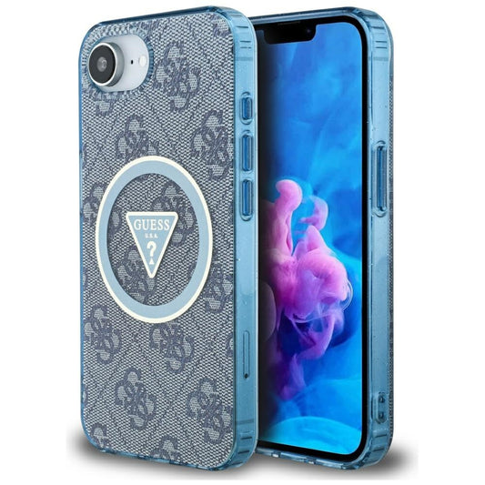 MagSafe hoesje voor Apple iPhone 16e, Guess, IML Glitter 4G Circle Triangle, Blauw