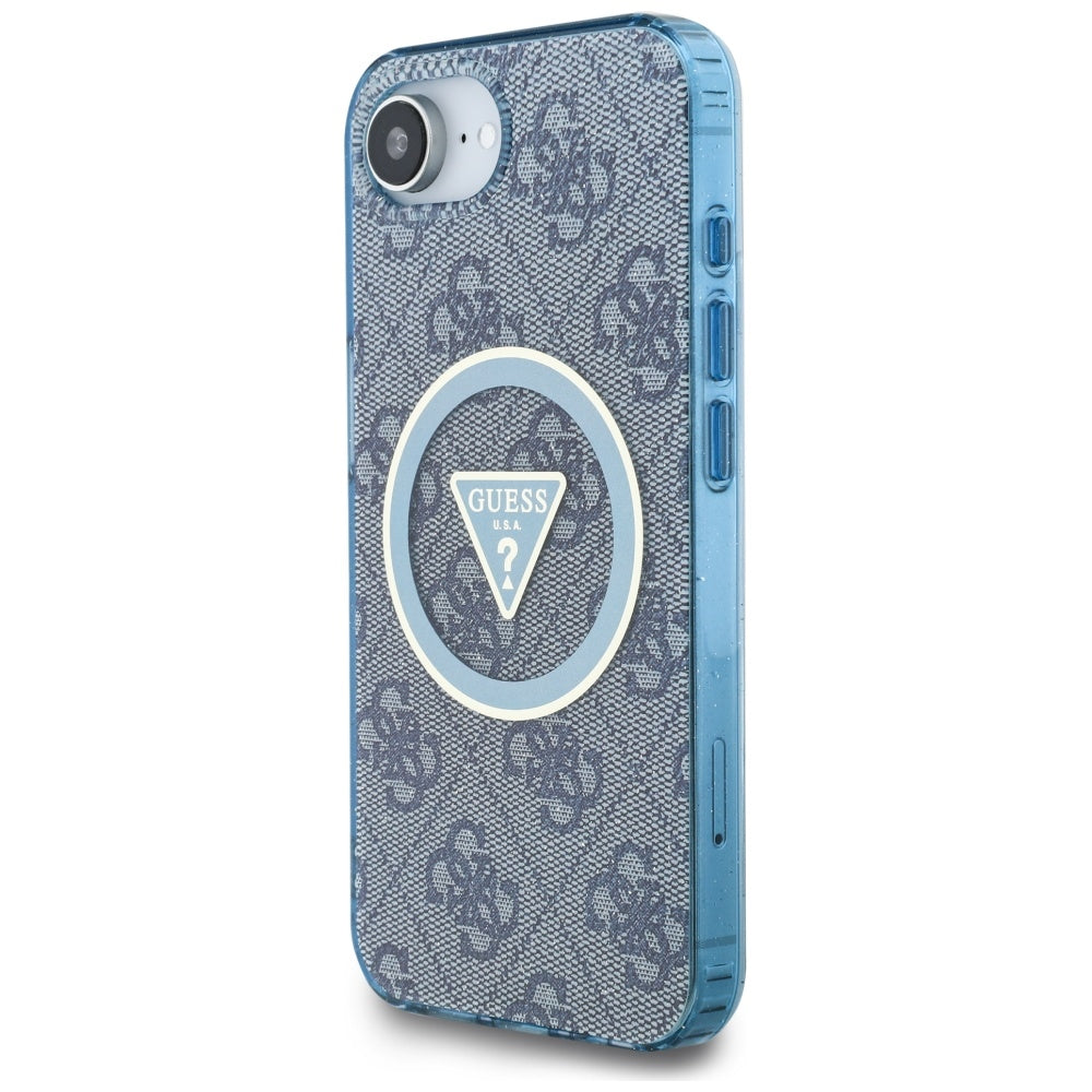 MagSafe hoesje voor Apple iPhone 16e, Guess, IML Glitter 4G Circle Triangle, Blauw