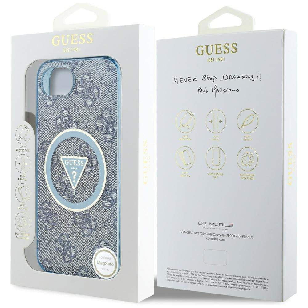 MagSafe hoesje voor Apple iPhone 16e, Guess, IML Glitter 4G Circle Triangle, Blauw