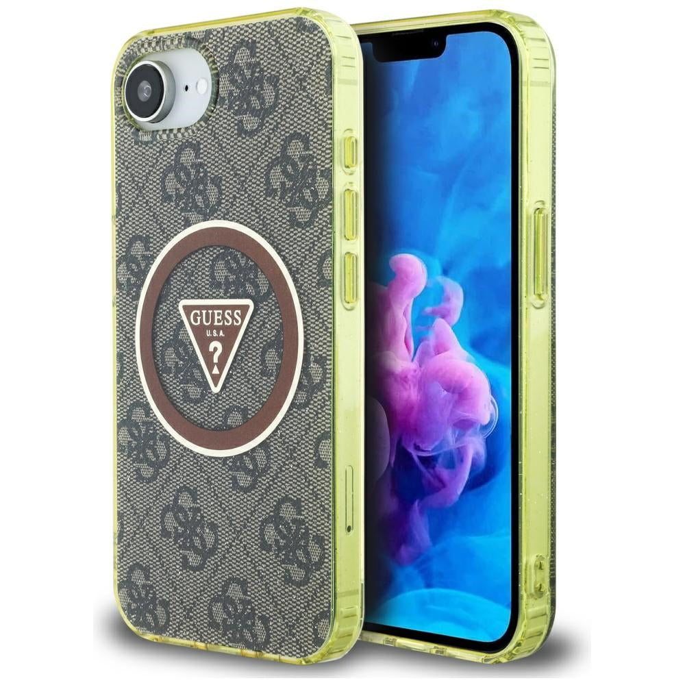 MagSafe hoesje voor Apple iPhone 16e, Guess, IML Glitter 4G Circle Triangle, Bruin