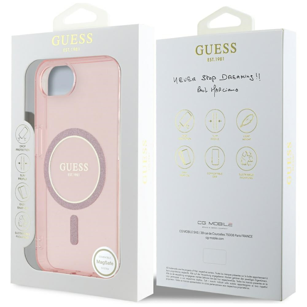 MagSafe hoesje voor Apple iPhone 16e, Guess, IML Glitter Circle, Roze