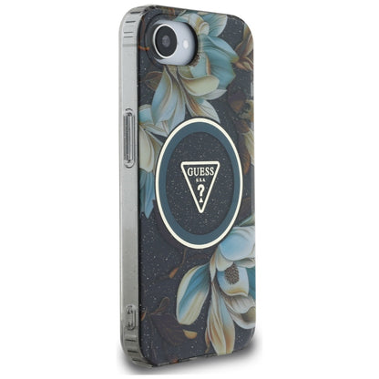 MagSafe hoesje voor Apple iPhone 16e, Guess, IML Metal Glitter Flowers Triangle, Zwart