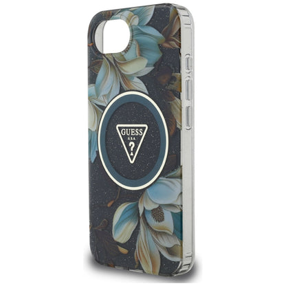 MagSafe hoesje voor Apple iPhone 16e, Guess, IML Metal Glitter Flowers Triangle, Zwart