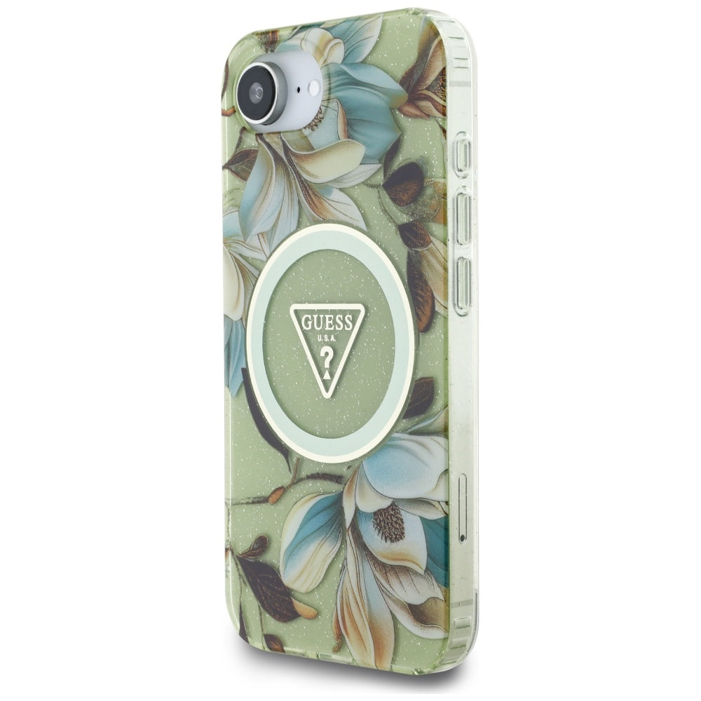 MagSafe hoesje voor Apple iPhone 16e, Guess, IML Metal Glitter Flowers Triangle, Groen