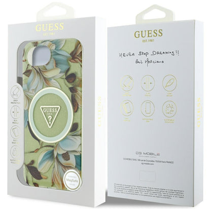 MagSafe hoesje voor Apple iPhone 16e, Guess, IML Metal Glitter Flowers Triangle, Groen