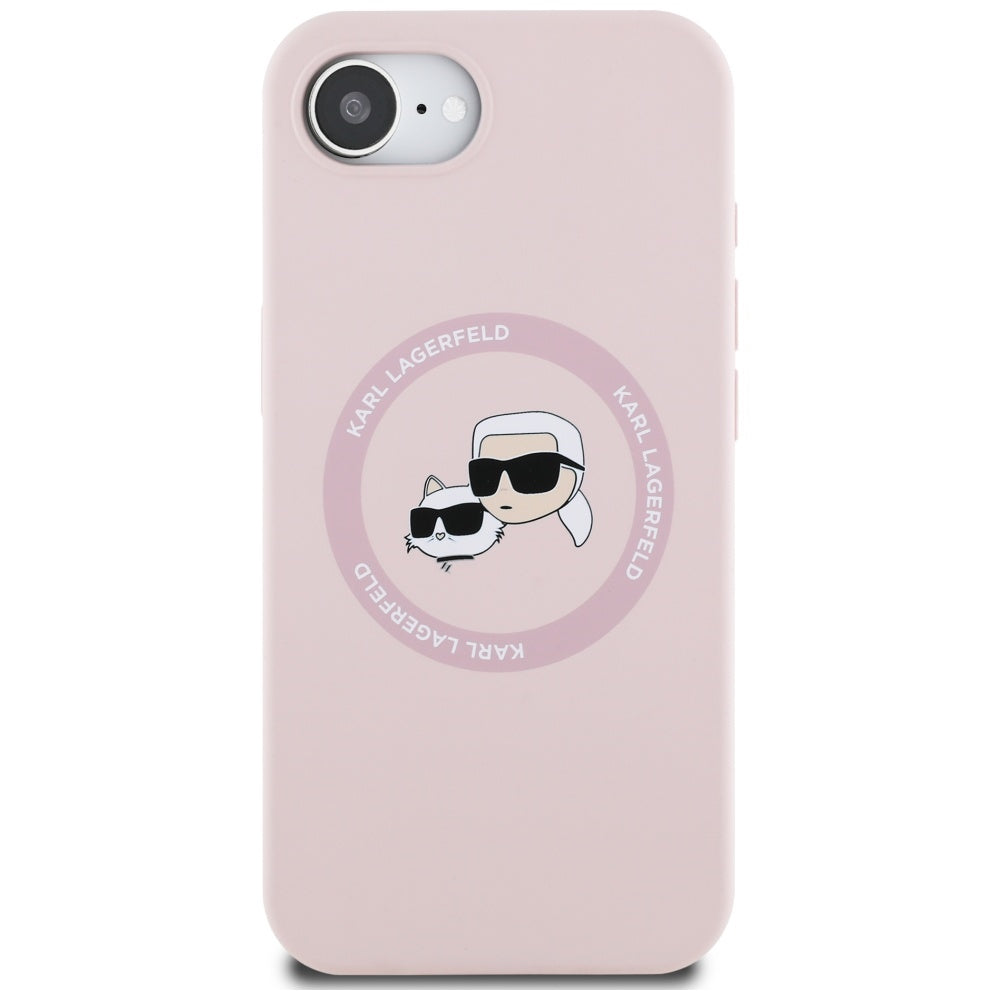 MagSafe hoesje voor Apple iPhone 16e, Karl Lagerfeld, Siliconen Karl & Choupette's Hoofden, Roze