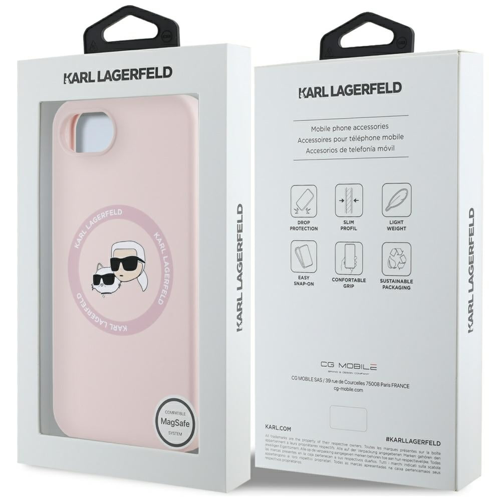 MagSafe hoesje voor Apple iPhone 16e, Karl Lagerfeld, Siliconen Karl & Choupette's Hoofden, Roze
