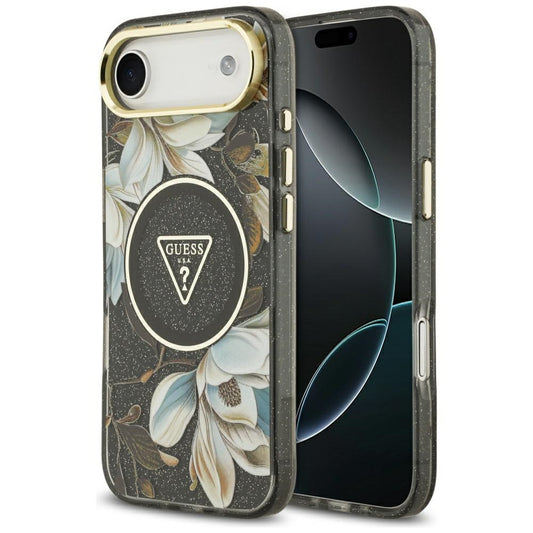 MagSafe hoesje voor Apple iPhone 17 Air, Guess, IML Metal Glitter Flowers Triangle, Zwart