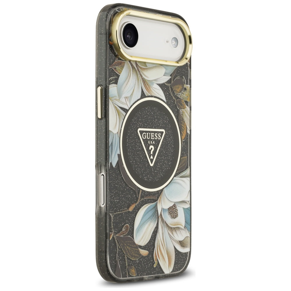 MagSafe hoesje voor Apple iPhone 17 Air, Guess, IML Metal Glitter Flowers Triangle, Zwart
