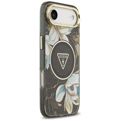 MagSafe hoesje voor Apple iPhone 17 Air, Guess, IML Metal Glitter Flowers Triangle, Zwart