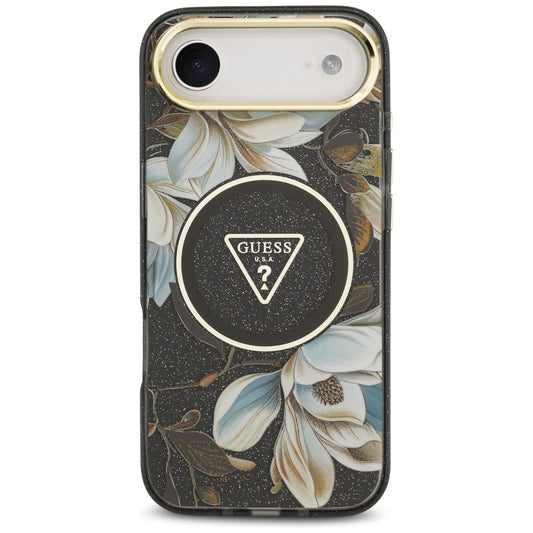 MagSafe hoesje voor Apple iPhone 17 Air, Guess, IML Metal Glitter Flowers Triangle, Zwart
