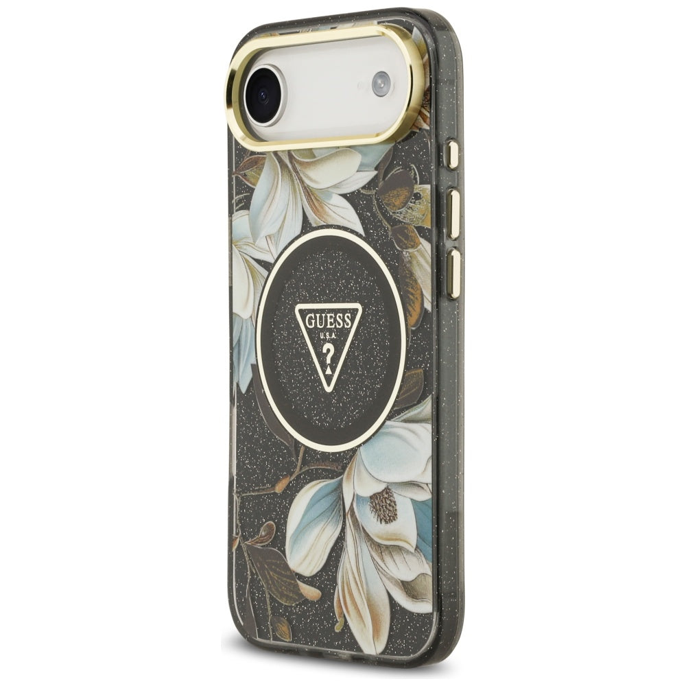 MagSafe hoesje voor Apple iPhone 17 Air, Guess, IML Metal Glitter Flowers Triangle, Zwart